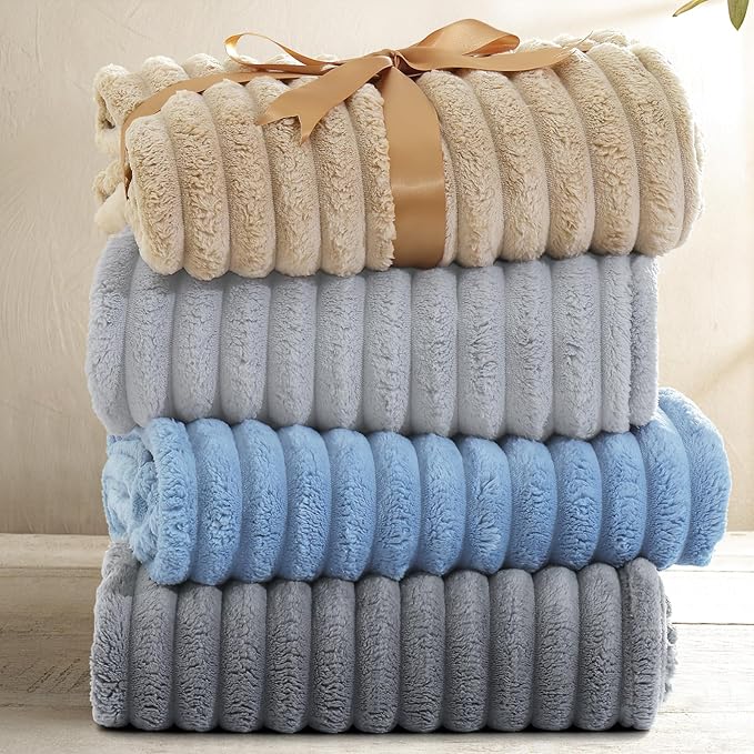 decorUhome Soft Fleece Grey Blanket Queen Size for Bed, Cozy Fluffy Plush Flannel Large Striped Throws for Couch Sofa, Lightweight Decorative Fuzzy Blanket for Woman, 90x90 Inches