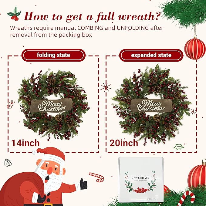 YNYLCHMX 20 Inch Winter Wreath for Front Door, Winter Wreath with Welcome Sign Pine Needle Pine Cone Red Berry, Artificial Door Wreaths for Window Farmhouse Holiday Party Decoration