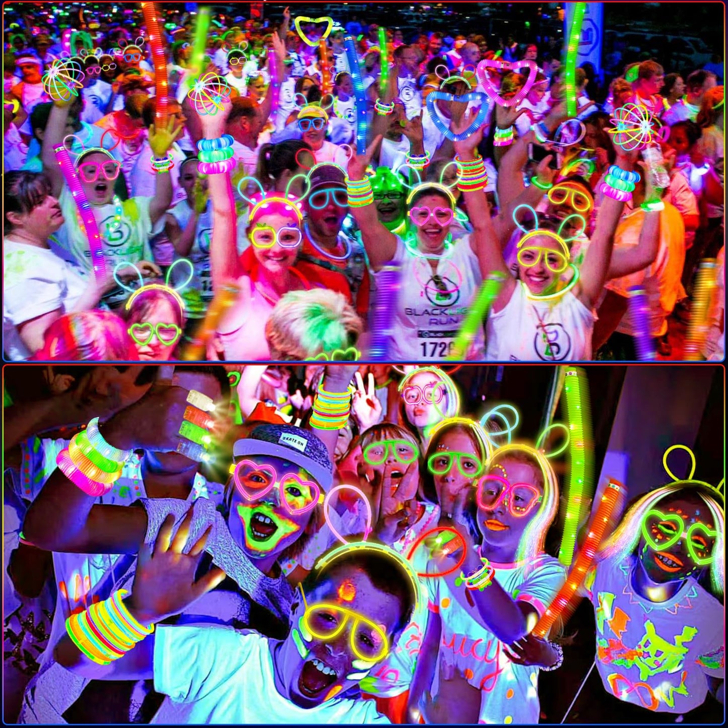 SHQDD Glow in the Dark Party Favors for Adults Kids, 27 Carnival Accessories, 56 LED Light Up Toys Bulk, 100 Glow Sticks Party Pack, Neon Party Supplies & Decorations