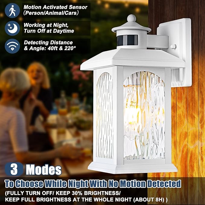 Motion Sensor Outdoor Wall Sconce, White Dusk to Dawn Motion Sensor Lighting, Smart & Waterproof Wall Lights & Exterior Light Fixture, Porch Lights with Rippled Glass for Garage House