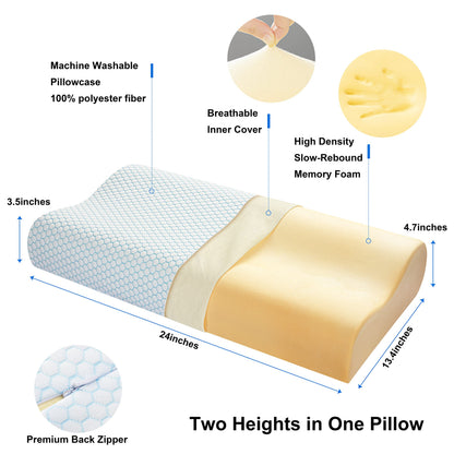 Anvo Memory Foam Pillow, Neck Contour Cervical Orthopedic Bed Pillow for Sleeping Side Back Stomach Sleeper, Ergonomic Design for Neck and Shoulder Pain Relief, Blue White, Firm