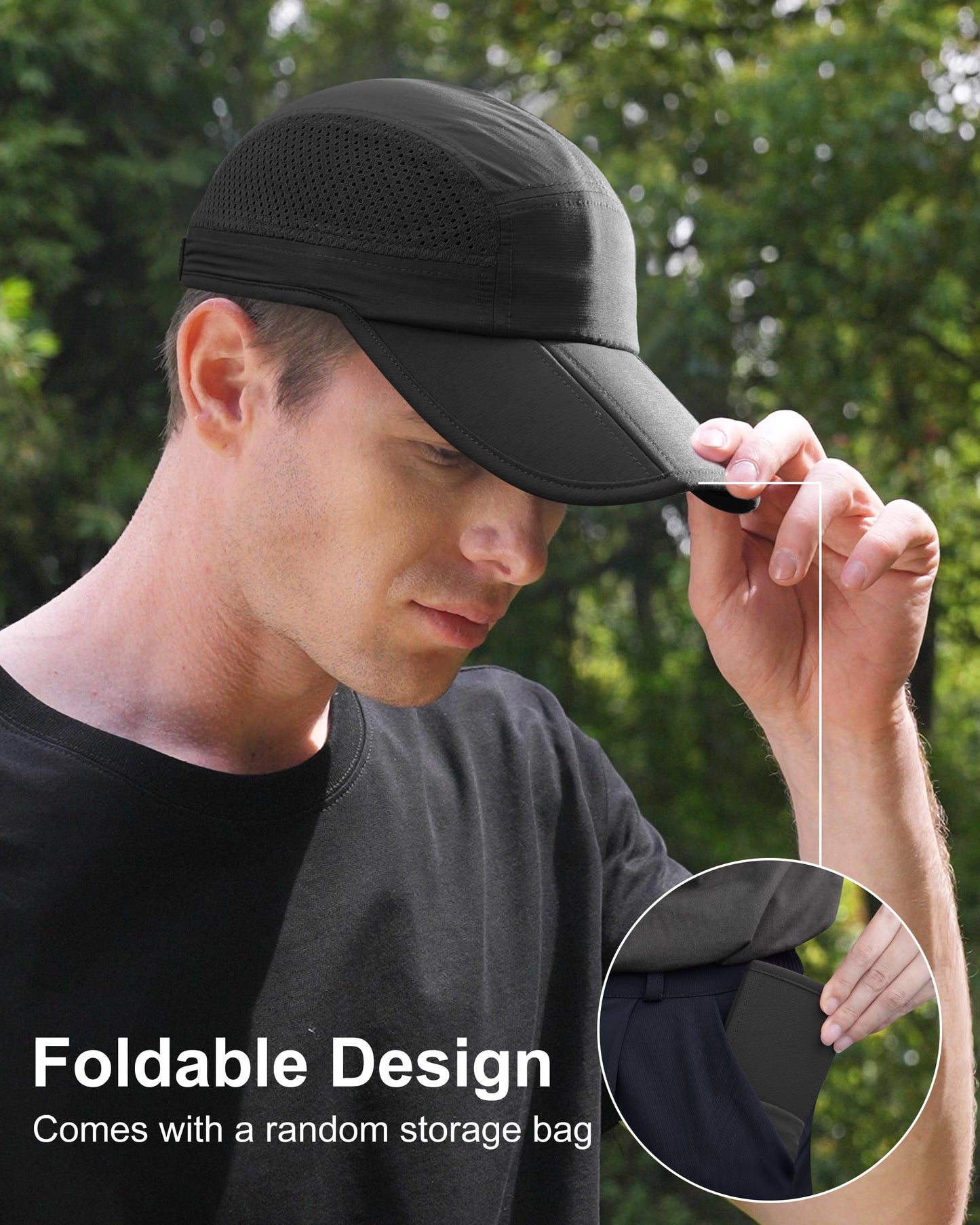 GADIEMKENSD Men Outdoor Hat Reflective Folding Running Sport Hats Summer Cool UPF 50 Sun Unstructured Baseball Caps for Men Women Breathable Light Quick Dry Travel Golf Hat Black