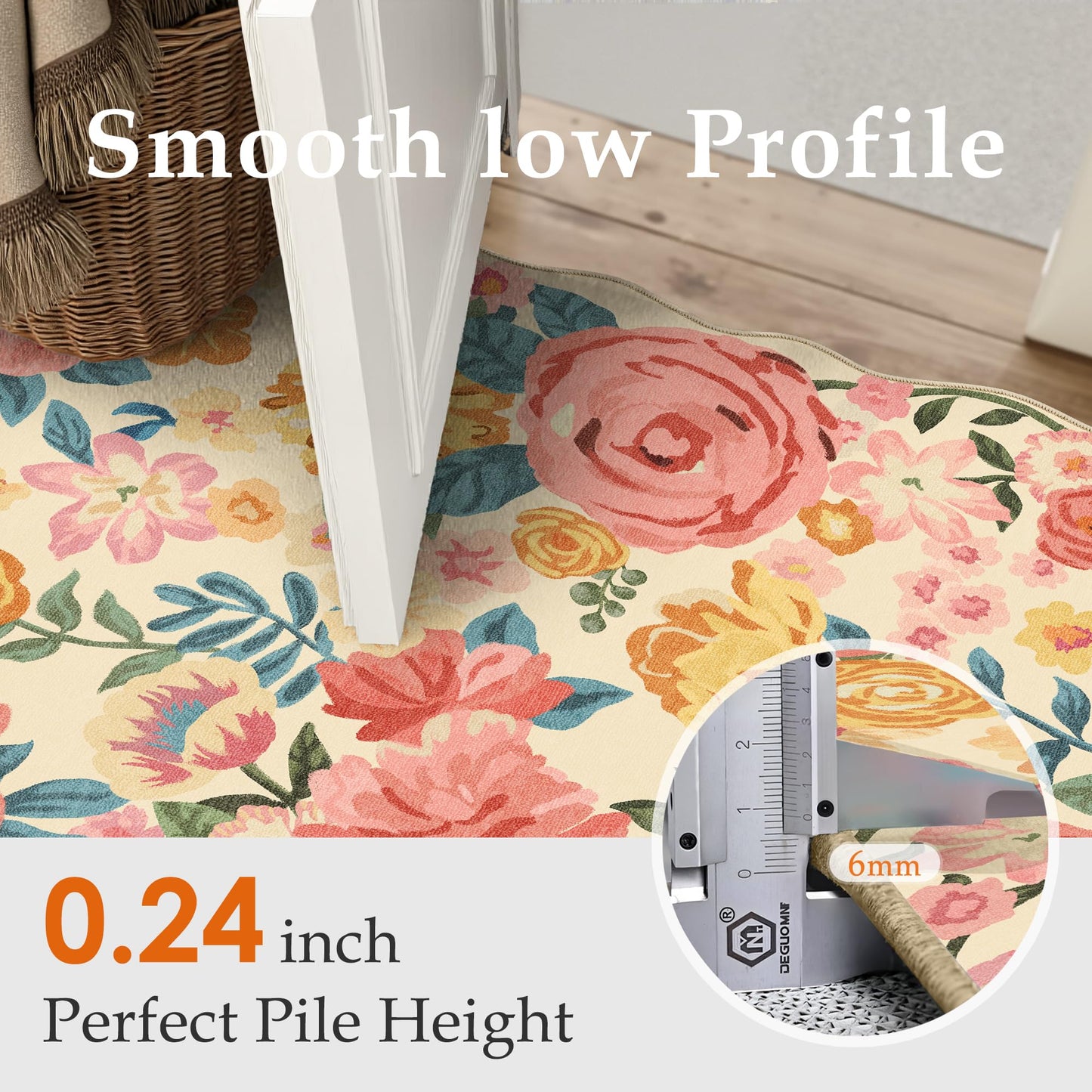 PureCozy Washable Floral Area Rug 8x10 Beige Living Room Large Carpet Bedroom Scalloped Flower Non Slip Soft Throw Rug Farmhouse Low Pile Thin Indoor Floor Cover for Dining Room Office