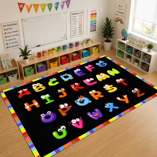 AlaTyche 6'7''x8'7'' ABC Black Classroom Rug, Daycare Rugs for Classroom, Large Classroom Rugs Elementary, Preschool Rugs for Children, Kindergarten Educational Rug for Classroom