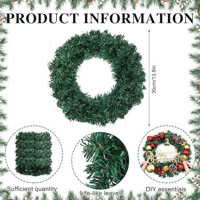 Zeyune Christmas DIY Green Wreath 14 Inch Artificial Christmas Wreaths Faux Plain Wreaths for Decorating Front Door Window Room Farmhouse Xmas Party Indoor Outdoor(Classic,8 Pcs)