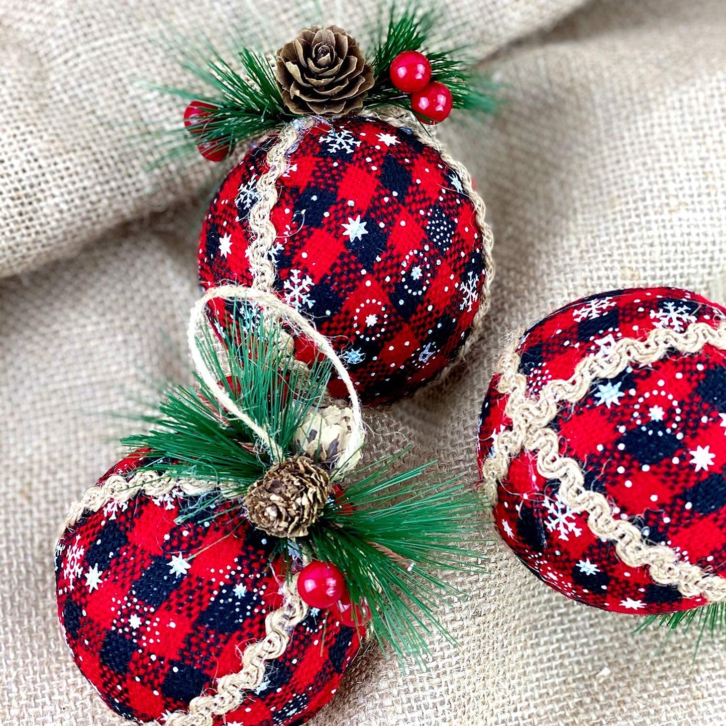 Iceyyyy 6PCS Christmas Plaid Ball Ornaments - 2 Inch Black & Red Buffalo Plaid Fabric Ball Ornaments with Pine Cones and Greenery, Plaid Christmas Tree Hanging Ball Ornaments Festive Decoration