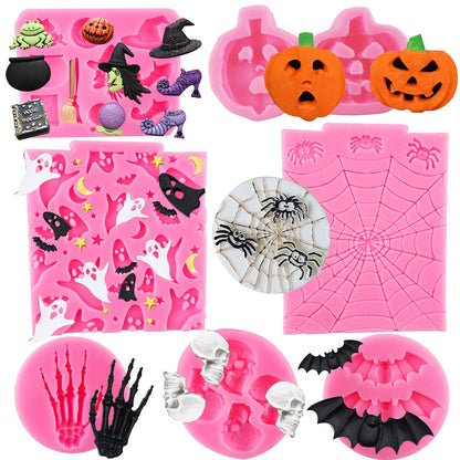 Halloween Silicone 7-Pack Pumpkin Cake & Cupcake Chocolate Skull Batskeleton Hand Bat Ghost Witch Candy Molds for Party