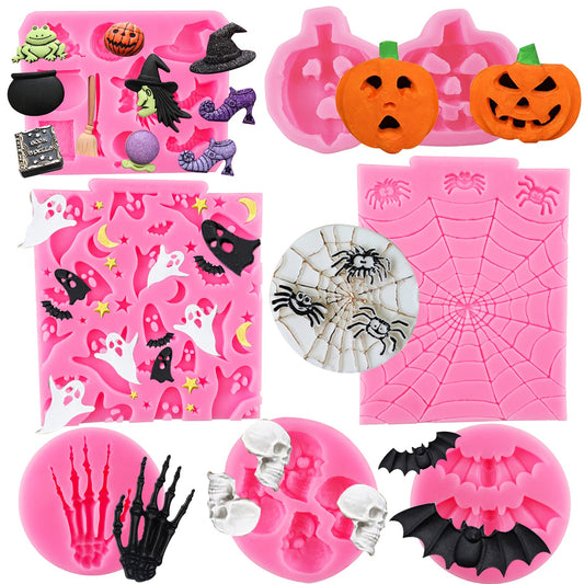 Halloween Silicone 7-Pack Pumpkin Cake & Cupcake Chocolate Skull Batskeleton Hand Bat Ghost Witch Candy Molds for Party