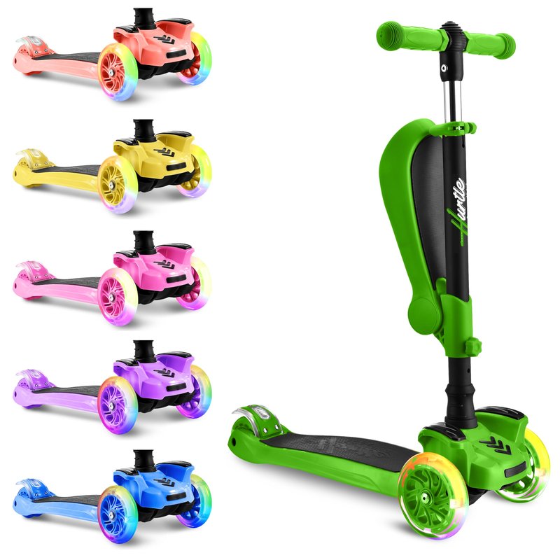 Hurtle 3 Wheeled Scooter for Kids - 2-in-1 Sit/Stand Child Toddlers Toy Kick Scooters w/ Flip-out Seat, Adjustable Height, Wide Deck, Flashing Wheel Lights, For Boys/Girls 1 Year Old+ (Green)