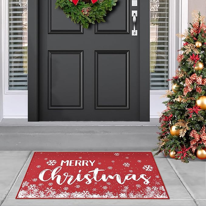 CAROMIO Christmas Doormat 20 x 32 Inch Xmas Holiday Decorative Christmas Snowflake Welcome Mat for Home Decoration Non Slip Door Mat Outdoor Indoor Entrance Floor Mat, Red