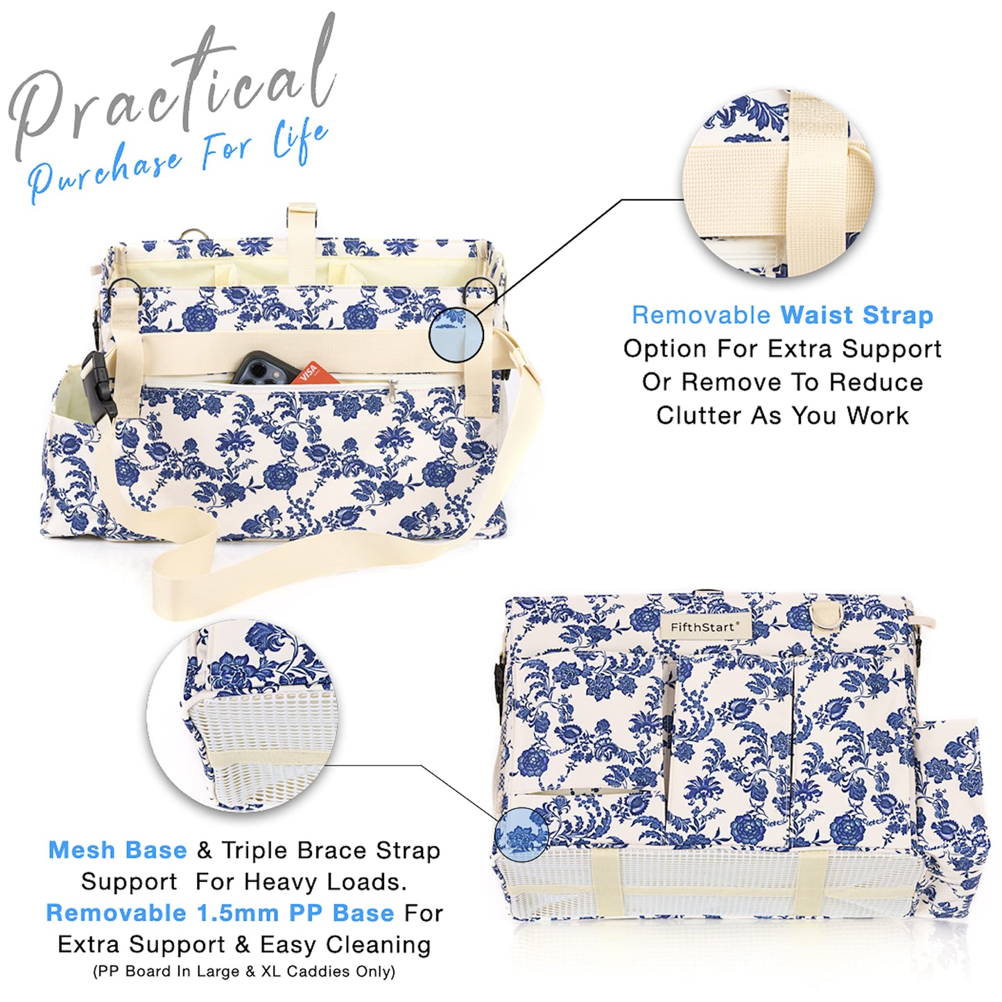 FifthStart Multiuse Large Blue Floral Diaper Caddy with Waist, Shoulder Strap, 9 Pockets, Mesh Base, and Adjustable Compartments