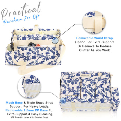 FifthStart Multiuse Large Blue Floral Diaper Caddy with Waist, Shoulder Strap, 9 Pockets, Mesh Base, and Adjustable Compartments
