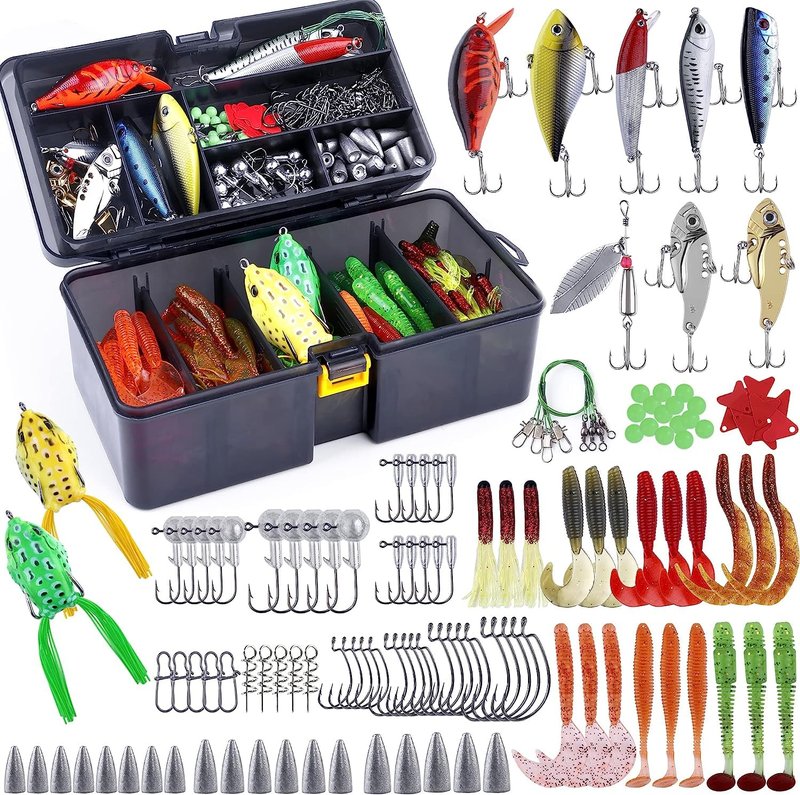 PLUSINNO 210pcs Fishing Lures Fishing Tackle Box Fishing Gifts for Men, Bass, Trout Fishing Accessories Kit for Saltwater & Freshwater Fishing Gear Including Topwater Lures, Hooks, Spinnerbaits