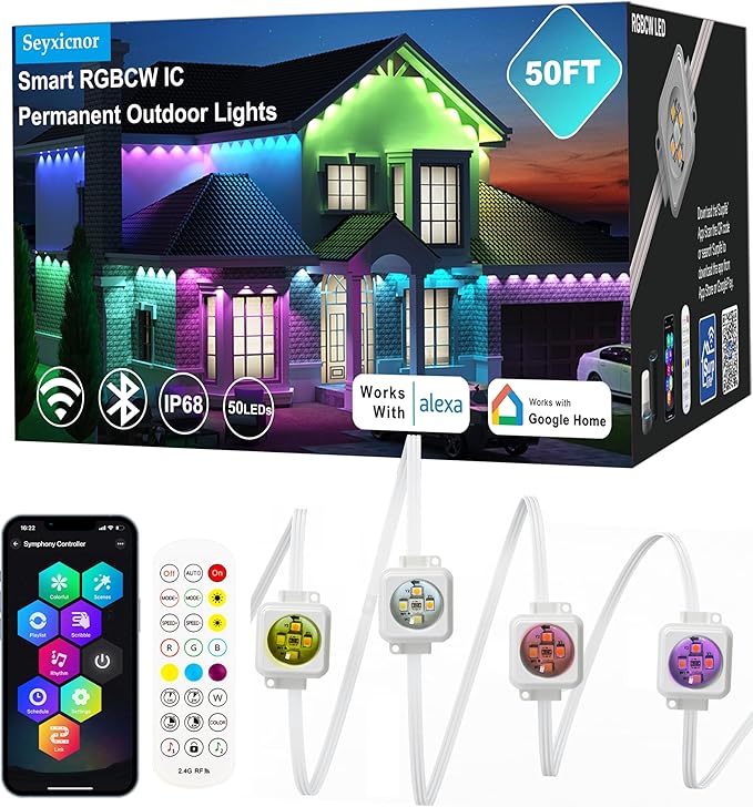 Permanent Outdoor Lights Pro, 50FT with 30 RGBCW IC LED String Lights Outdoor, IP68 Waterproof Smart Christmas Lights for House, Eaves, Daily, Party Decor, APP Alexa Google Control