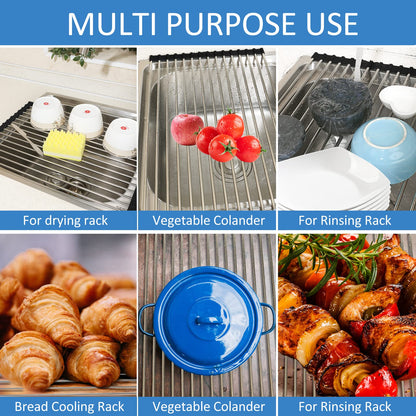 Ahyuan Black Stainless Steel Over-Sink Dish Drying Rack Roll-Up, Multipurpose Kitchen Dish Rack, Portable Rolling Dish Drainer for Kitchen Sink, RV Accessories (17.7''X11.2'')