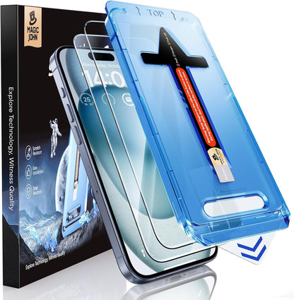 MAGIC JOHN 2 Pack for iPhone 15 Tempered Glass Screen Protector 6.1 inch [Not Max], Auto Dust-Elimination Installation, Bubble Free, Dynamic Island Compatible, HD Clear, Easy Installation