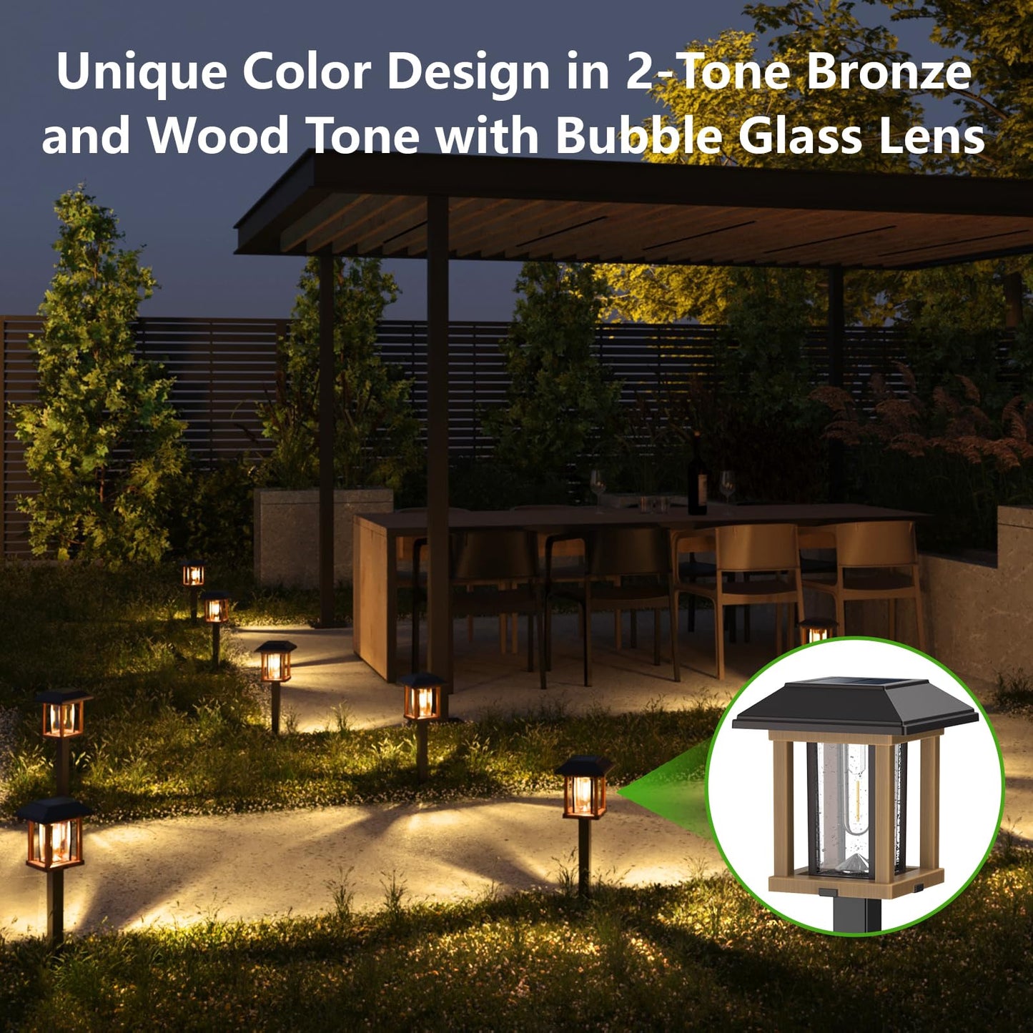 XMCOSY+ Solar Pathway Lights Outdoor, 25 LM LED Garden Lights with Seed Glass, 2-Tone Bronze & Wood Colour, IP65 Waterproof Solar Powered Lighting for Yard Landscape Driveway Walkway (Warm White)