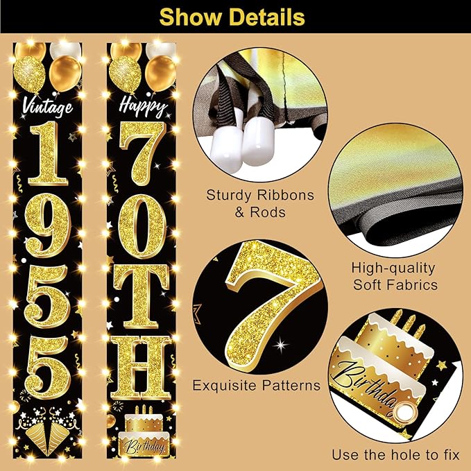 70th Birthday Decorations Lighted Banner for Men and Women - Black Gold Vintage 1955 70th Birthday Door Banners with LED Light, Seventy Years Bday Party Supplies for Indoor Outdoor Decor