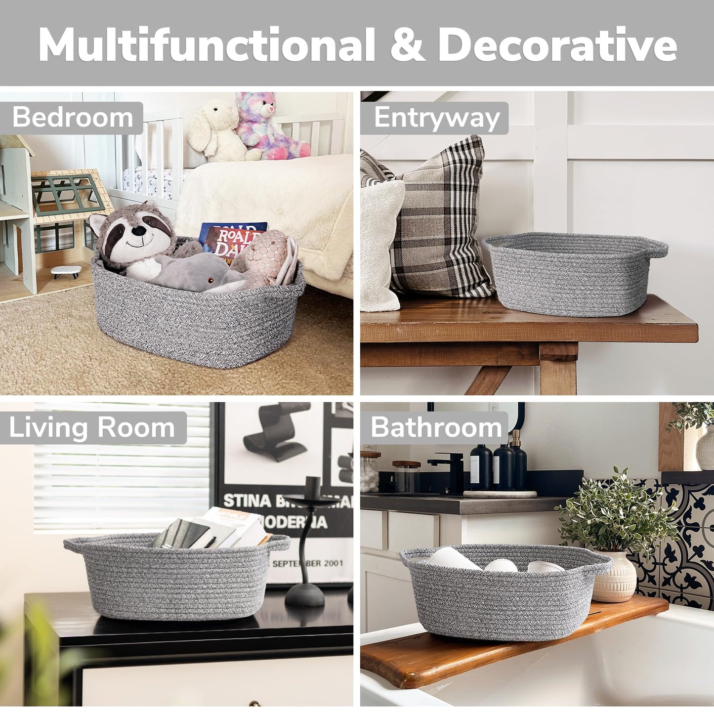 CHICVITA Storage Basket for Gifting, Small Woven Basket for Towels, Cute Baskets for Baby, Nursery, Decorative Rope Baskets for Living Room, Grey, 13 x 9.8 x 5 inches