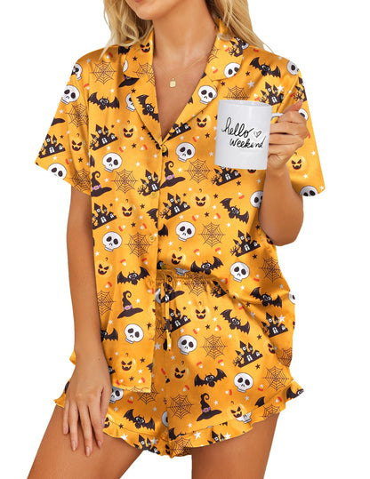 Ekouaer Silk Pajamas Womens Short Sleeve Sleepwear 2 Piece Satin Pjs Shorts Set Button Down Loungewear Halloween XL