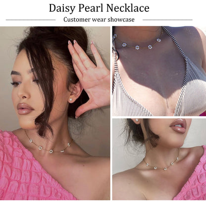SmileBelle Daisy Pearl Necklace, Dainty Pearl Choker Necklace for Women as Flower Necklace Gift, 14K Gold Plated Stainless Steel Summer Merch as Birthday Gifts for Her Daisy Costume Gift