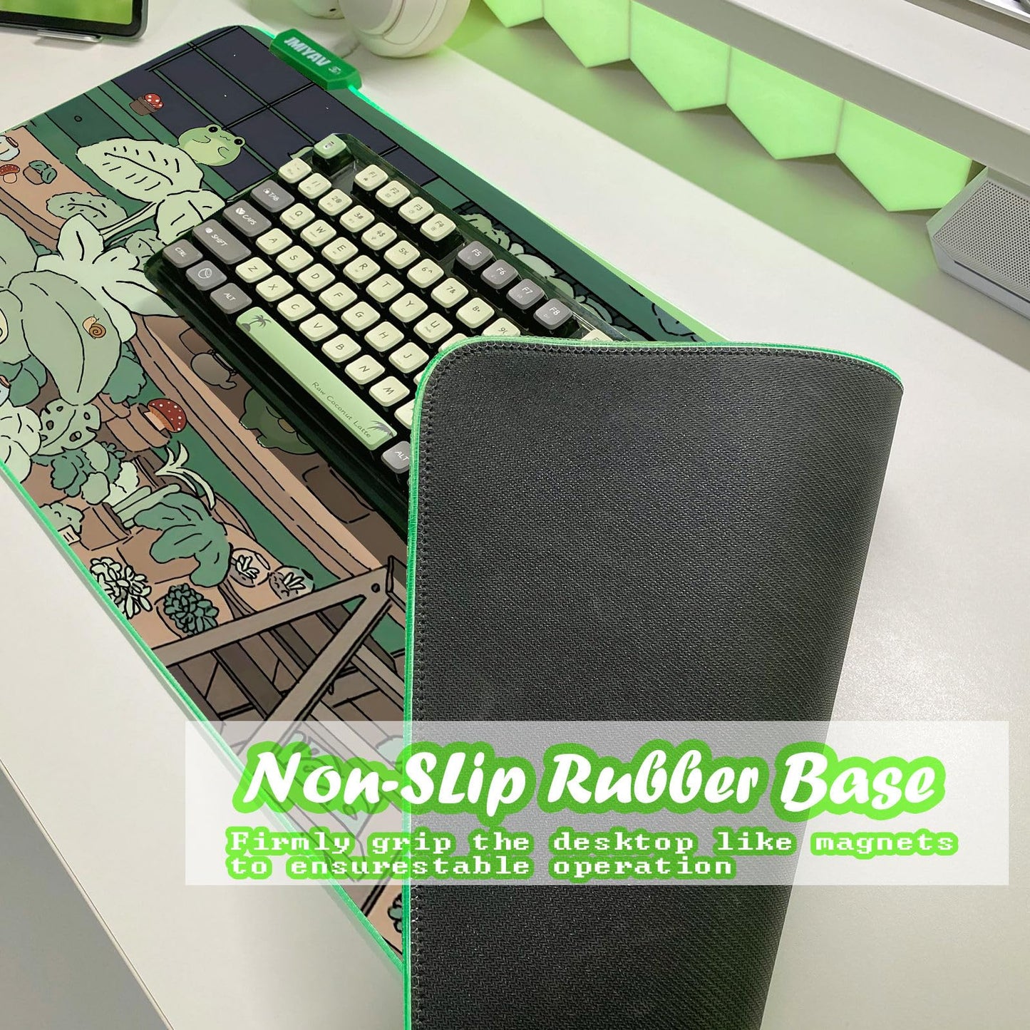 JMIYAV Little Frog RGB Green Gaming Mouse Pad 31.5x12 Inch PC XL Large Glowing Led Light Up Desk Pad Non-Slip Rubber Base Computer Cute Mousepad Mat Desk Accessories Gaming Setup 31.5x12 Inch