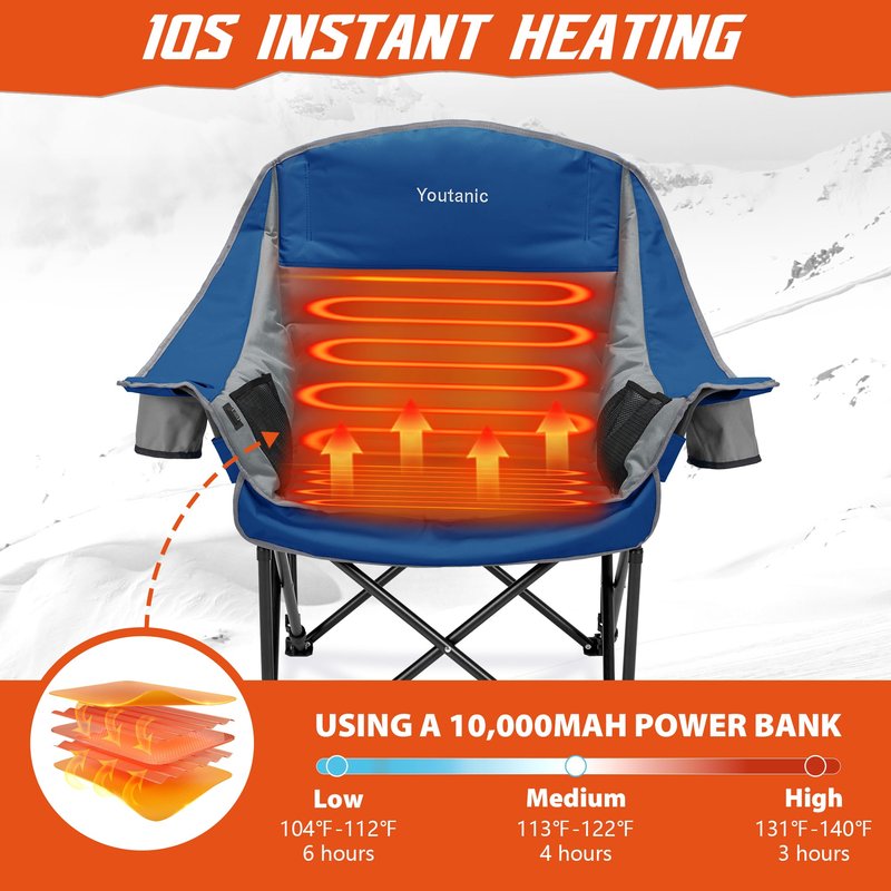 Youtanic Oversized Extra Large Heated Padded Camping Chair up to 500lbs, 3 Heat Levels Camp Chair with Carry Bag, Outdoor Heating Folding Chairs for Adults, Fishing, Sports, Picnic, Gray-Blue