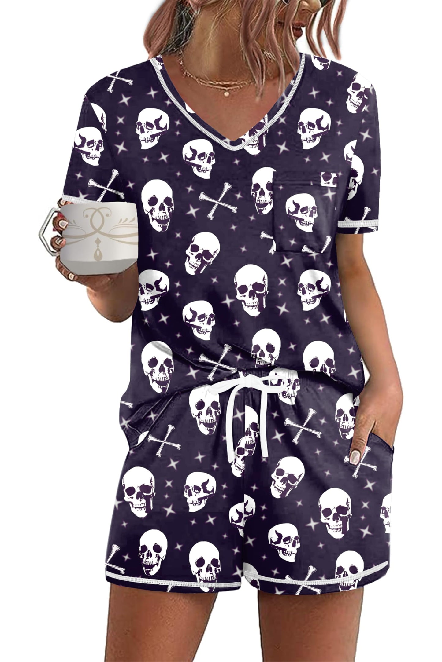 Ekouaer Women's Pajamas Sets Short Sleeve Lounge Sets Sleepwear Casual Two Piece Pjs With Pockets Halloween Skull L