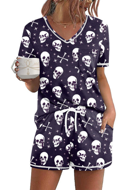 Ekouaer Women's Pajamas Sets Short Sleeve Lounge Sets Sleepwear Casual Two Piece Pjs With Pockets Halloween Skull L