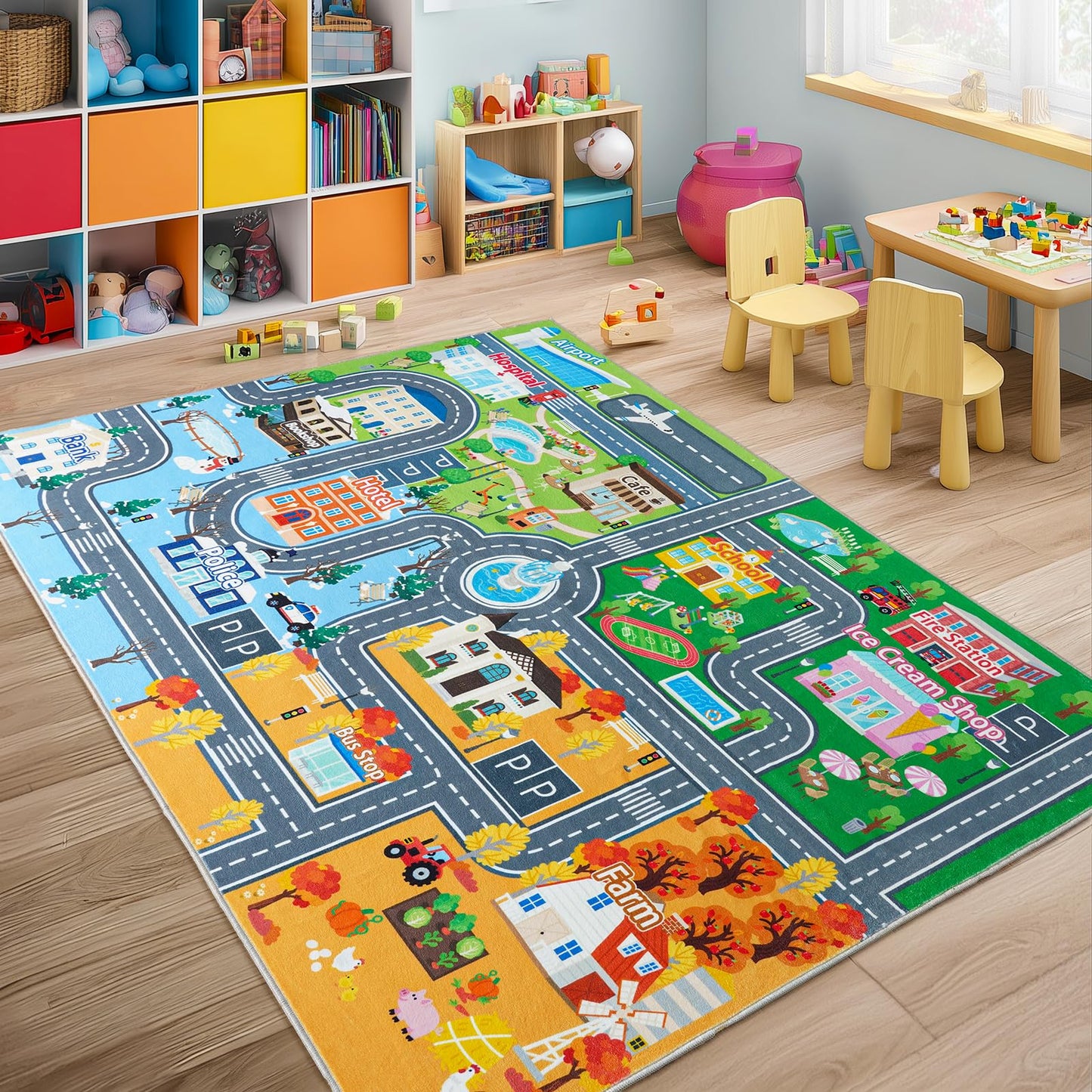Car Rug for Kids Toy Cars, Town City Track Road Carpet Playmat with Non-Silp Backing, Traffic Playmat for Road Washable Rugs Four Seasons Theme Traffic Mat for Kids Room Bedroom Game Safe Area, 3'x4'