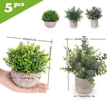 ilauke Set of 5 Mini Potted Artificial Plants Fake Small Eucalyptus Rosemary Greenery Plastic Faux Green Grass Potted Plants Decorative Fake Plant for House Office Balcony Desk Bathroom Decoration