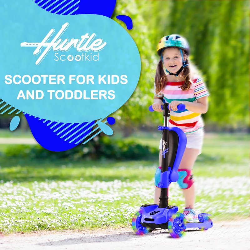 Hurtle 3 Wheeled Scooter for Kids - 2-in-1 Sit/Stand Child Toddlers Toy Kick Scooters w/ Flip-out Seat, Adjustable Height, Wide Deck, Flashing Wheel Lights, Great for Outdoor Fun -(Blue)