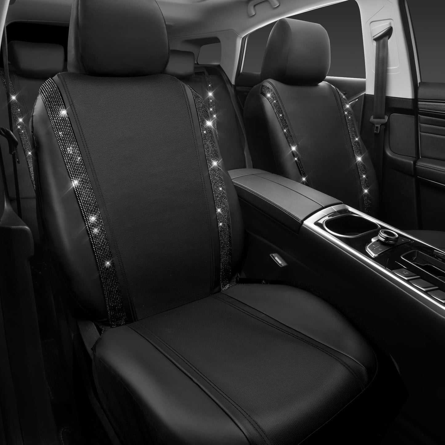 CAR PASS Leather Bling Diamond Car Seat Covers Full Set, Shining Rhinestone Waterproof Durable Rear with Zipper, Universal Fit Automotive Glitter Crystal Sparkle Strip for Cute Women Girly Black