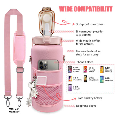 Chokoter Half Gallon Water Bottle with Sleeve, 64OZ Motivational Water Bottle with Straw & Time Marker, BPA Free Leakproof Gym for Sport Workout