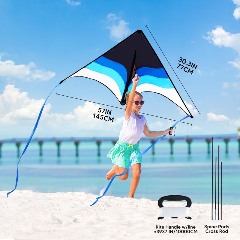 SYNCFUN Large Delta Kite Gradient Blue– Easy to Fly for Kids and Adults, Beach Kite with 328 ft String for Outdoor Games and Activities
