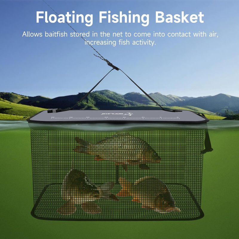 SANLIKE Floating Fishing Basket Collapsible Fishing Net Cage, Rubber Coated Net 24L Fish Basket for Live Caught Fish Minnows Bait Bucket Minnow Trap, Grey