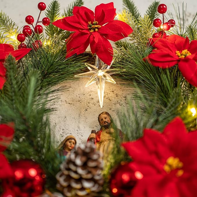 YULETIME 20" Pre-Lit Nativity Wreath, Battery Operated with 10 Fairy Lights, Holy Family Nativity Statue, Star of Bethlehem, Pine Cones, Red Poinsettia & Berries, Pine Needles (Nativity Poinsettia)
