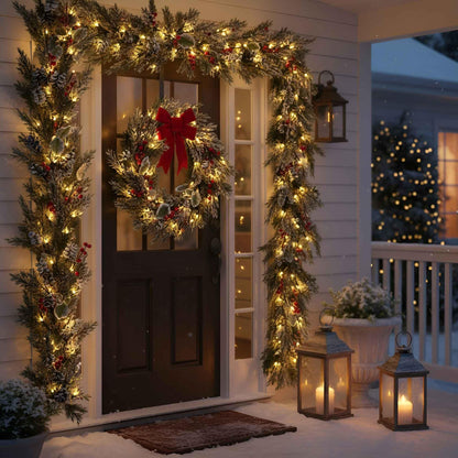 QBIS Outdoor Christmas Lights - Fairy Lights Battery Operated with Small Warm White LEDs, Green Wire, Multifunction, 6hr Timer, Indoor/Outdoor Battery Operated String for Wreath, Garland or Tree