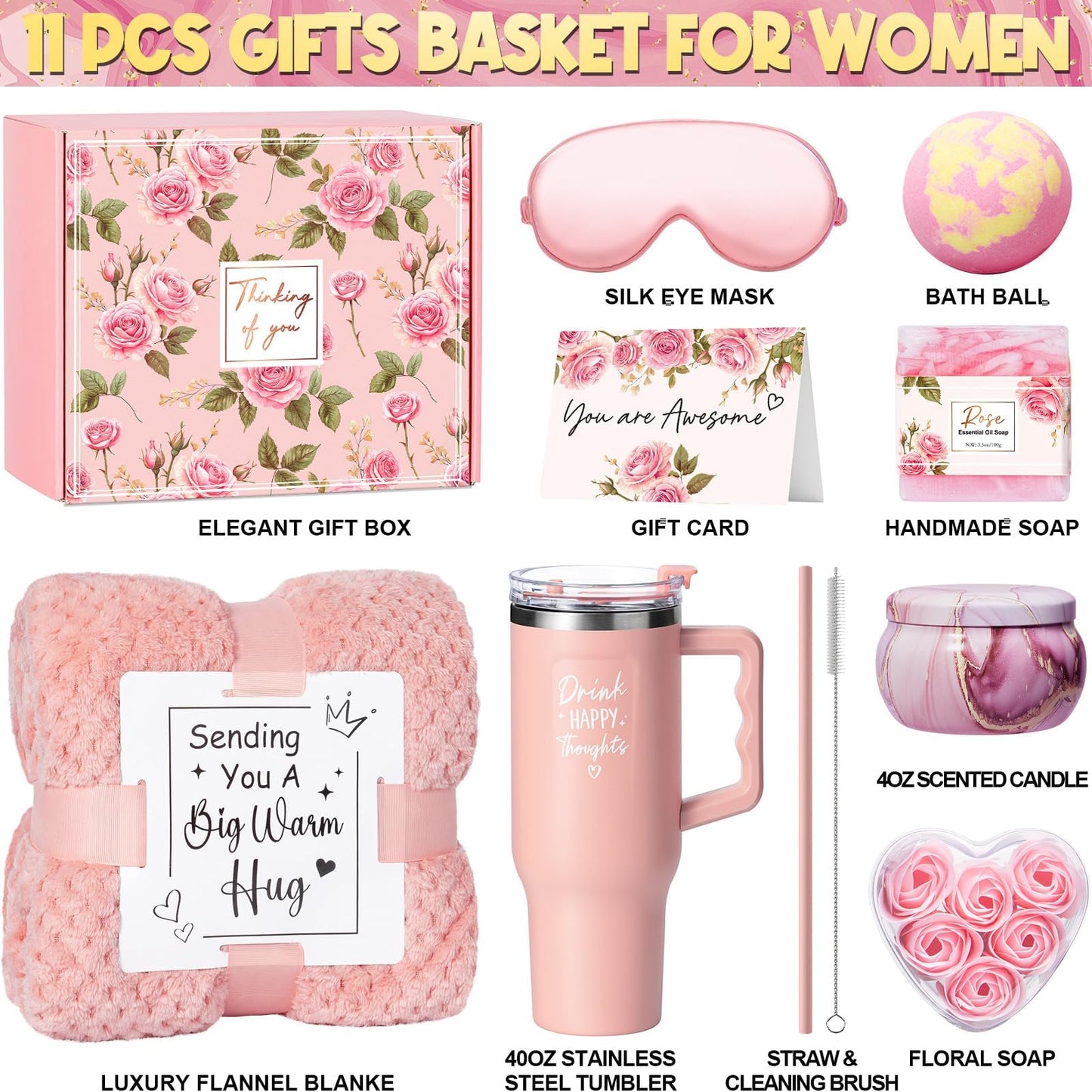 Birthday Gifts for Women Self Care Get Well Soon Gifts, Rose Relaxing Spa Gifts Box Care Package Basket w/ Luxury Flannel Blanket 40 oz Tumbler, Christmas Gifts Set for Mom Her Wife Girlfriend Sister
