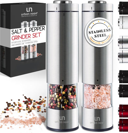 Electric Salt and Pepper Grinder Set - Battery Operated Stainless Steel Mill with Light (2 Mills) - Automatic One Handed Operation - Electronic Adjustable Shakers - Ceramic Grinders