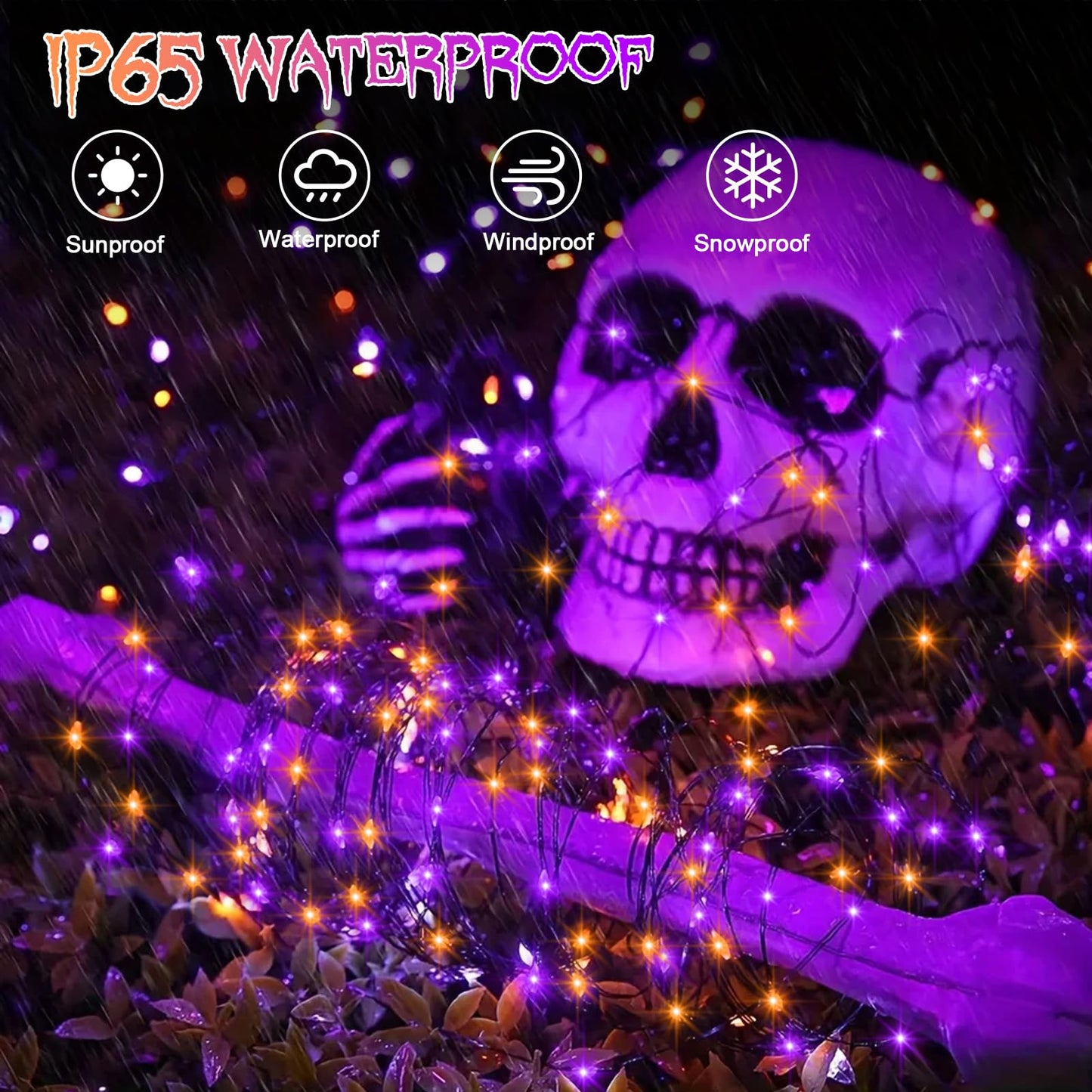 Purple Orange Halloween Timer Fairy Lights Battery Operated 4 Pack 16.4Ft 50 LED Black Wire Twinkle Lights with Timer 5 Modes for Halloween Indoor Outdoor Party Decoration