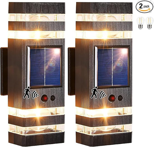 2 Pack Solar Outdoor Wall Lights with 3-Mode Motion Sensor Outside Sconces Up Down Solar Porch Light Fixtures 3000K 500LM Dusk to Dawn Modern Exterior Wall Lamp for House Garage Front Door