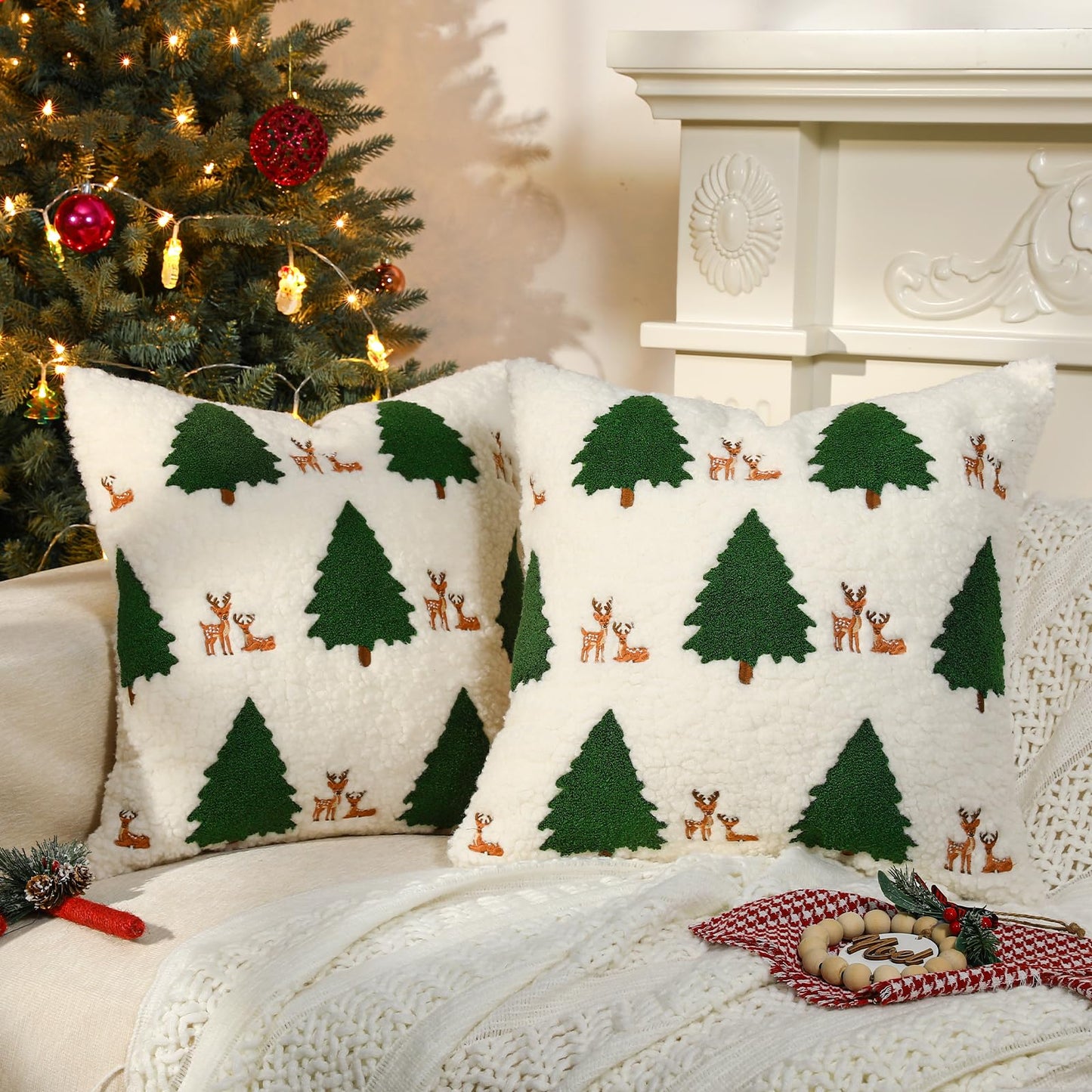 Lewondr Christmas Pillow Covers 18x18 inch, 2 Pack Christmas Throw Pillow Covers with Reindeer Embroidery, Soft Velvet Xmas Tree Pillows Cover for Living Room Couch Sofa Bed Home Decoration, Beige