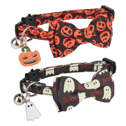 ADOGGYGO Halloween Cat Collar with Bowtie Bell, 2 Pack Halloween Kitten Collar with Removable Bow, Pumpkin Ghost Holiday Collars for Cat Kitten