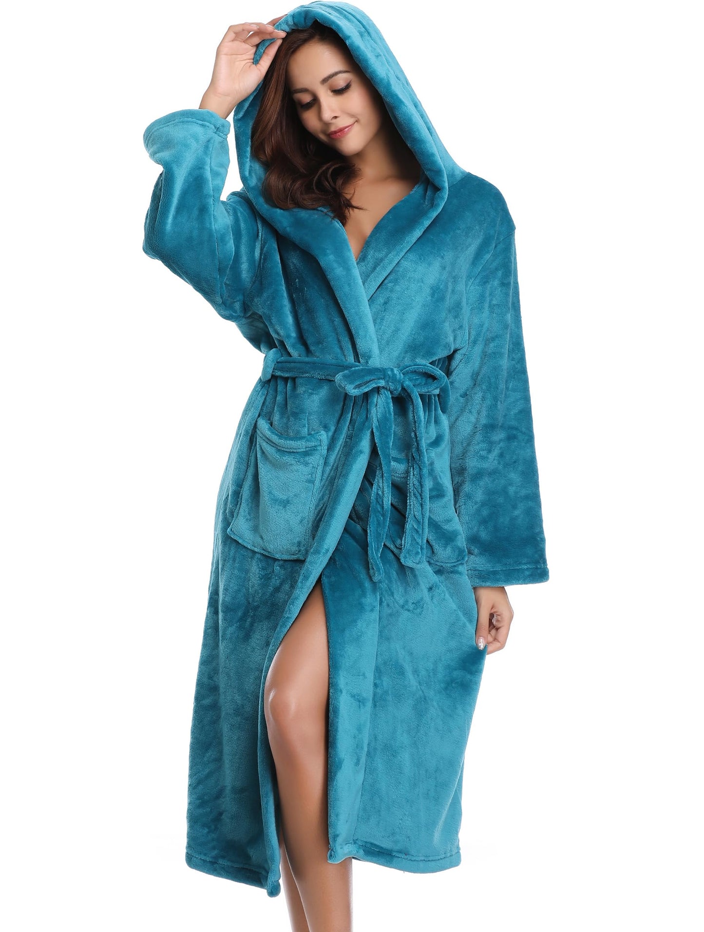 Vlazom Dressing Gown, Flannel Soft Bathrobe Cosy Robes Fluffy Winter Hooded Housecoat for Women/Men, Peacock Blue-with Hooded, 43813