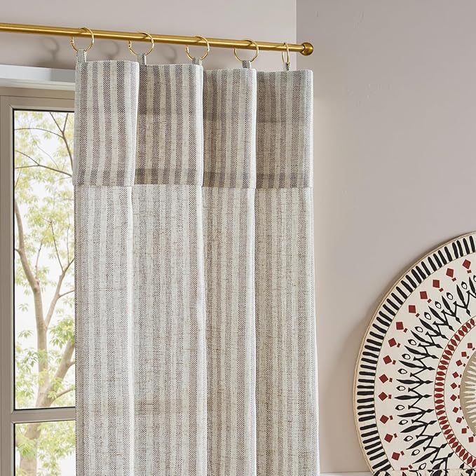 jinchan Striped Linen Kitchen Curtains with Attached Valance 24 Inch Length Cafe Tier Curtains for Living Room Rustic Half Window Light Filtering Rod Pocket Small Drapes 2 Panels Taupe Grey