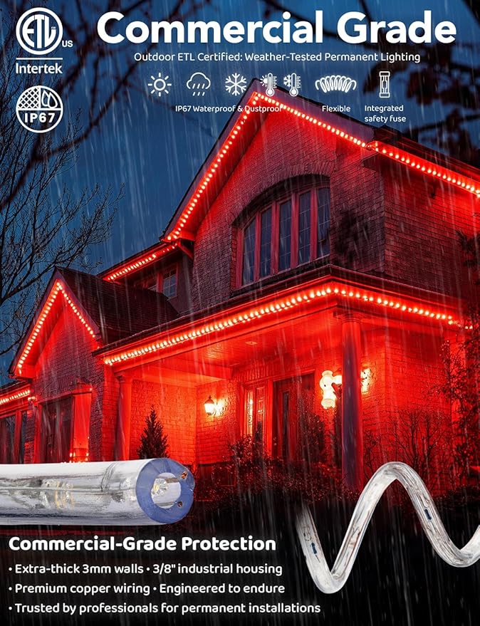 WYZworks 3312LEDs, 300ft LED Rope Light, Connectable Waterproof Permanent Outdoor Clear PVC Tube, ETL Certified, Christmas Trees Holiday Decorative Landscape Backyard Patio Accent Lighting - Red