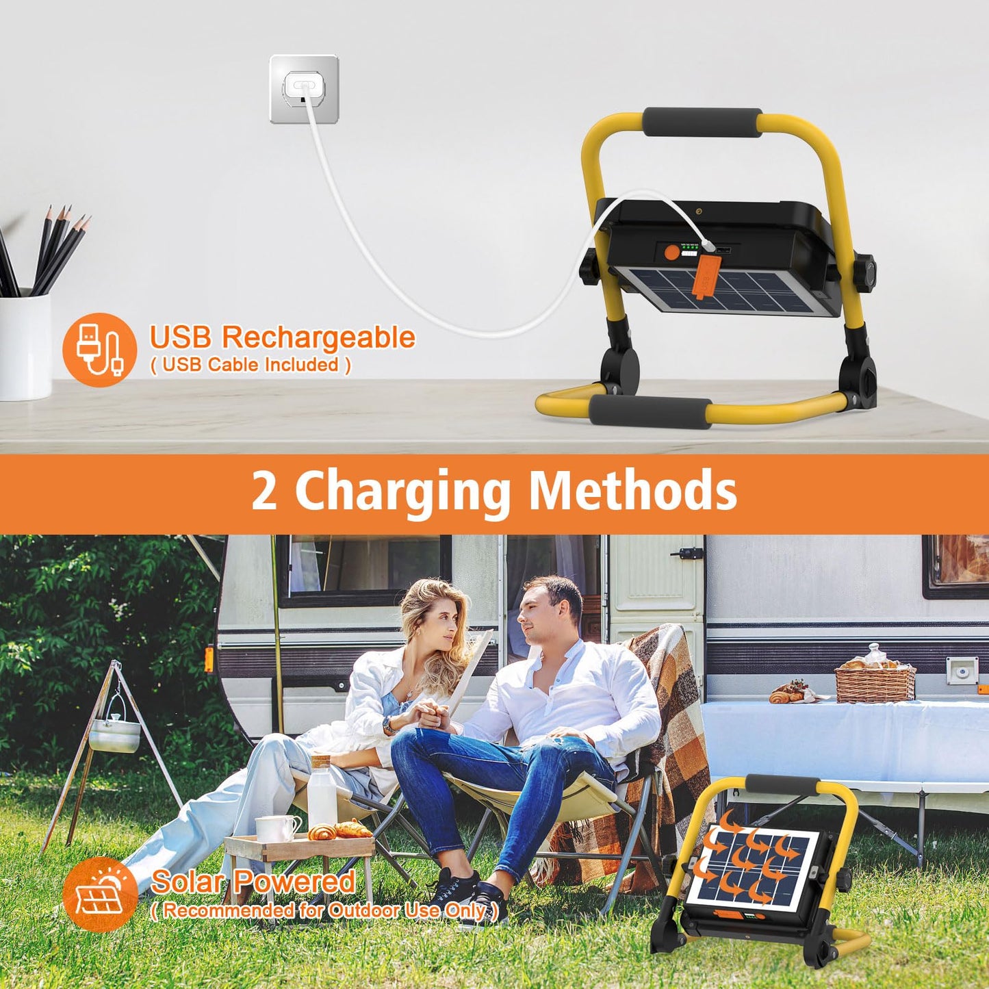 ERAY Rechargeable LED Work Light with Stand & Remote Control, 150W 10000LM Solar Portable Flood Light - 5 Dimming Modes/USB Output/Magnetic Bases, IP66 Waterproof Job Site Light for Camping Garage