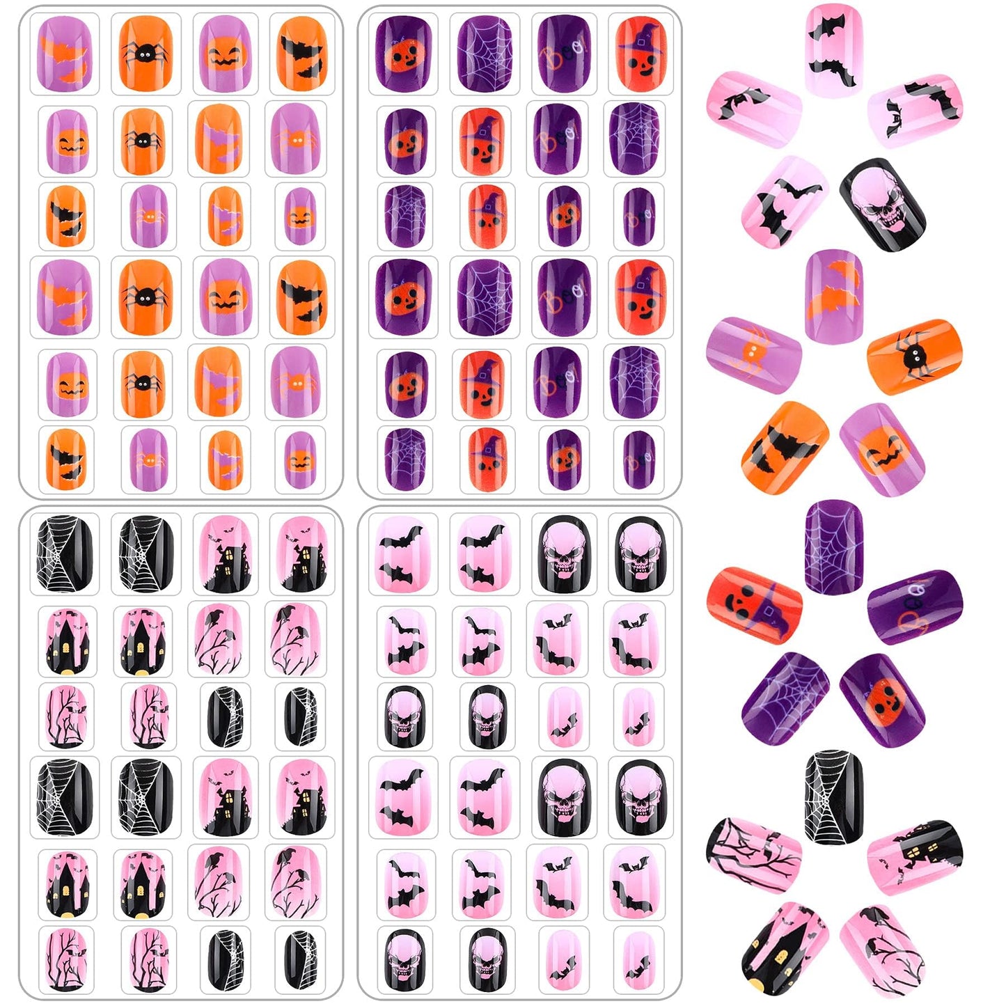 JANYUN 96 Pcs Kids False Nail Full Cover Short Fake Nails Children Nail Tips for Kids Little Girls Lovely Gift Nail Art Decoration (Halloween Theme)