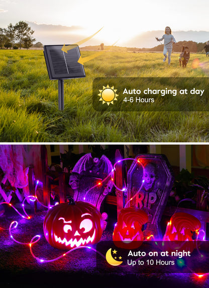Brightown Solar Halloween Lights Outdoor, 39FT 100 LED String Lights With 8 Modes, Decoration Outdoor, Waterproof Solar String Lights for Outside Tree Yard Party, Orange & Purple
